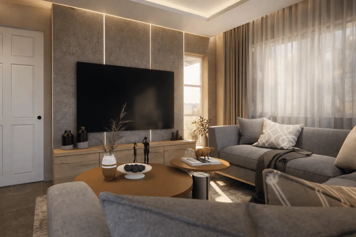 Living room with concrete feature wall and cove lighting