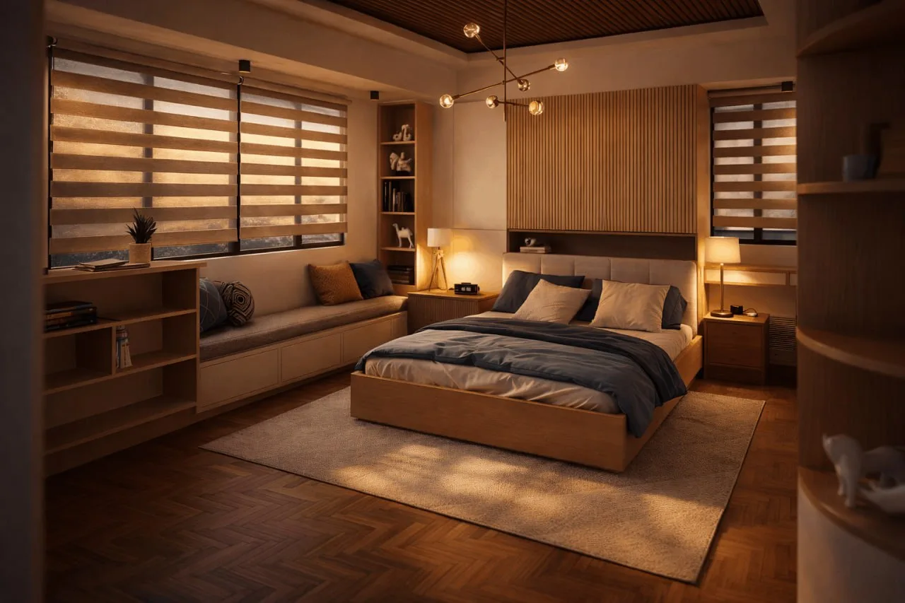 Master bedroom wider view with window seat