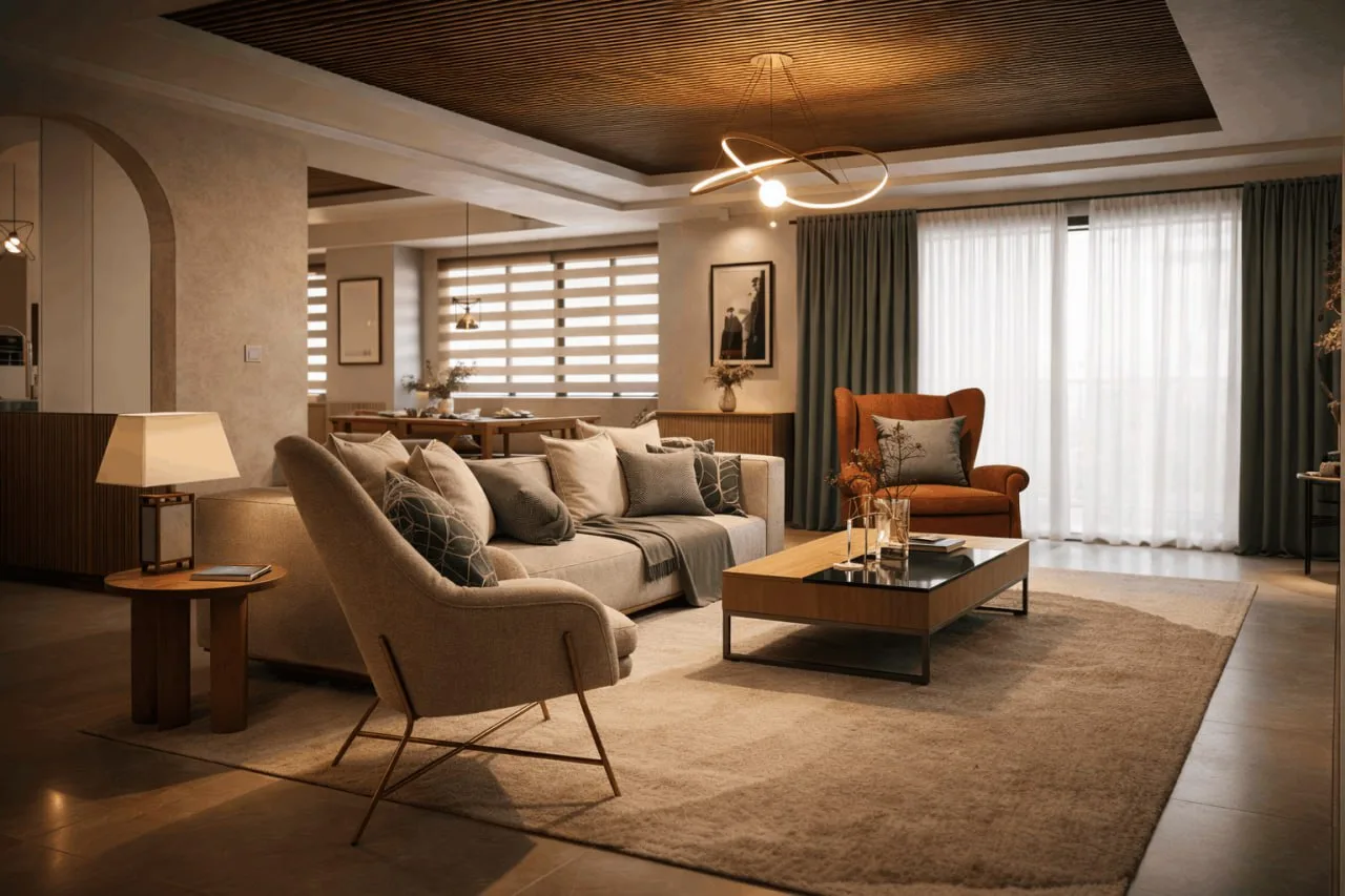 Living room with sofa arrangement and green curtains