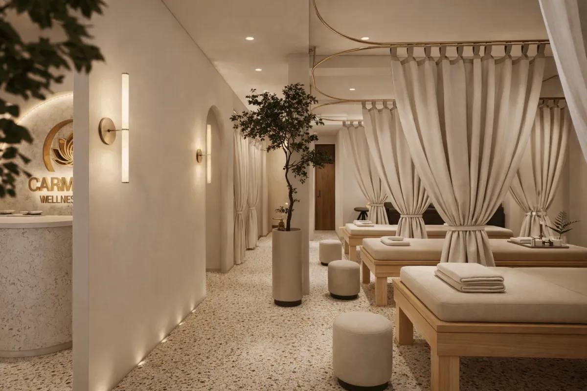 Wide view of reception and treatment area with curtained beds