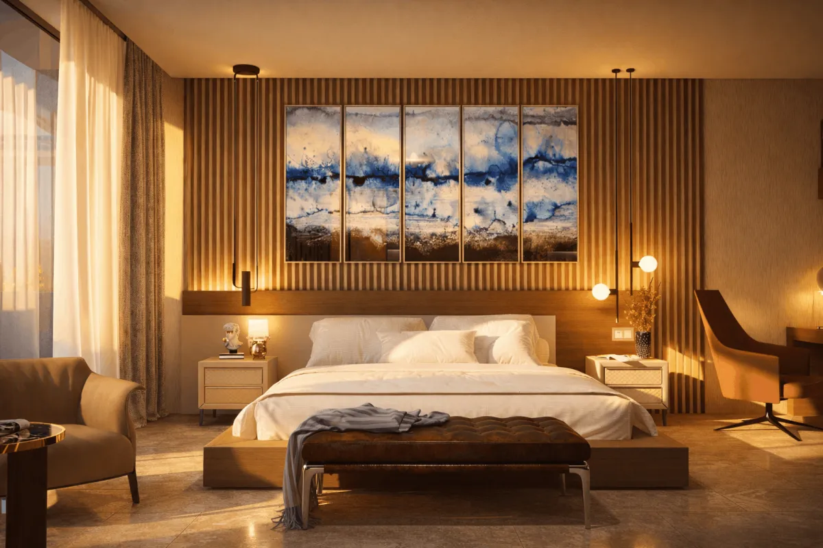 Master bedroom with timber slat wall and art panels