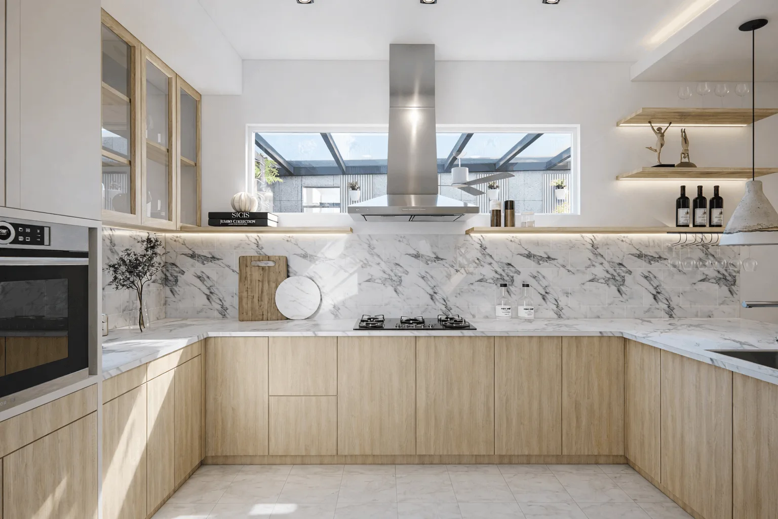 Kitchen with marble backsplash