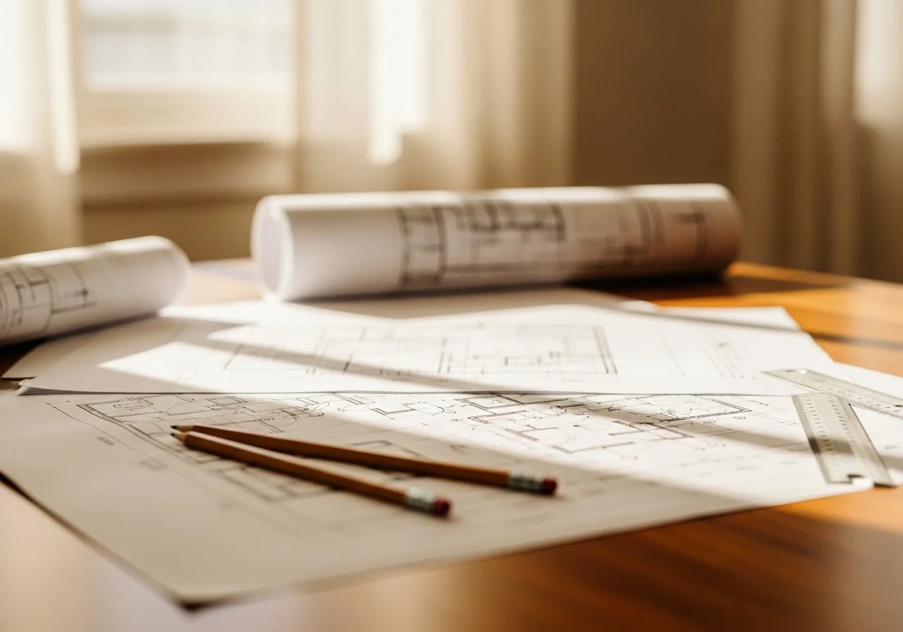 Architectural blueprints on a warm wooden desk