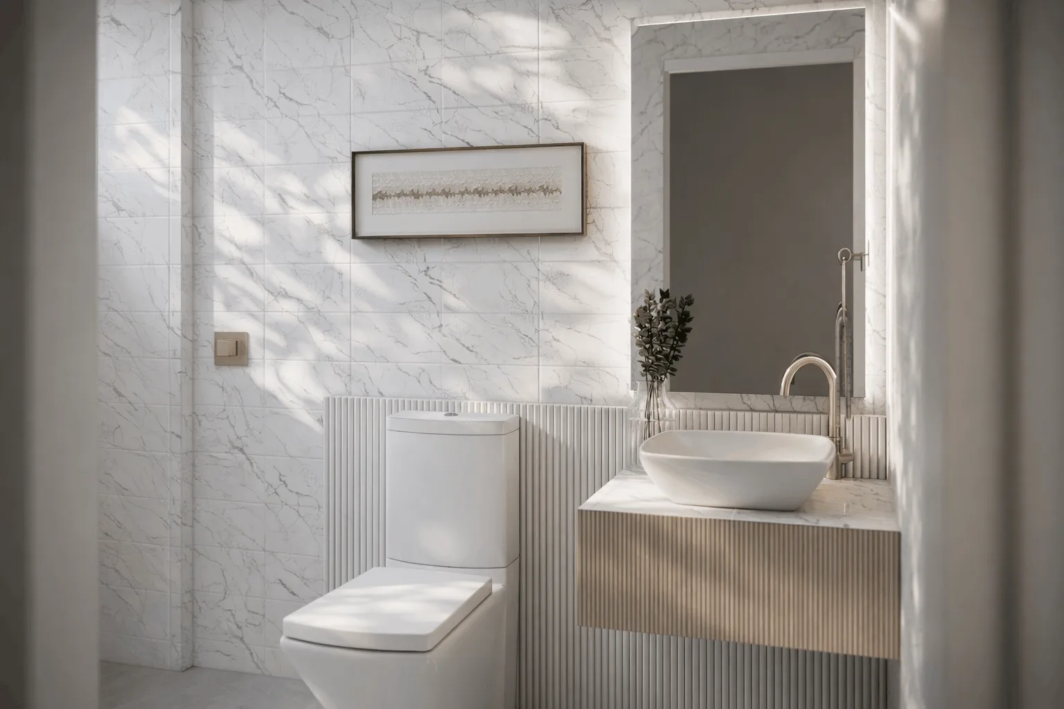 Bathroom with fluted vanity and marble walls
