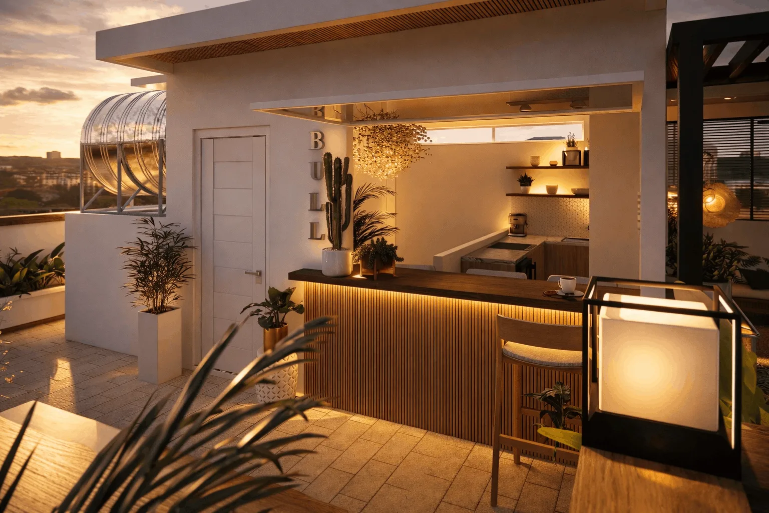 Rooftop bar with slatted timber fronts at sunset