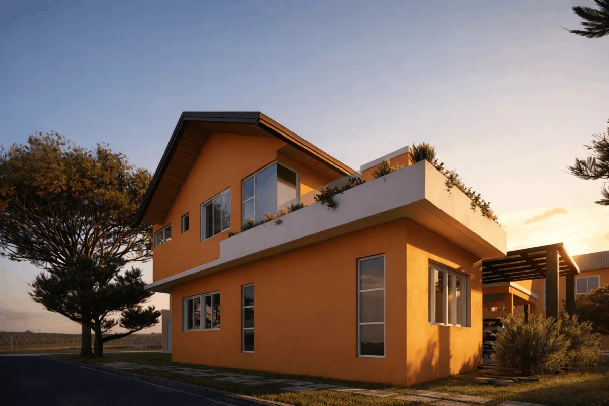 Street-level corner view with roof deck