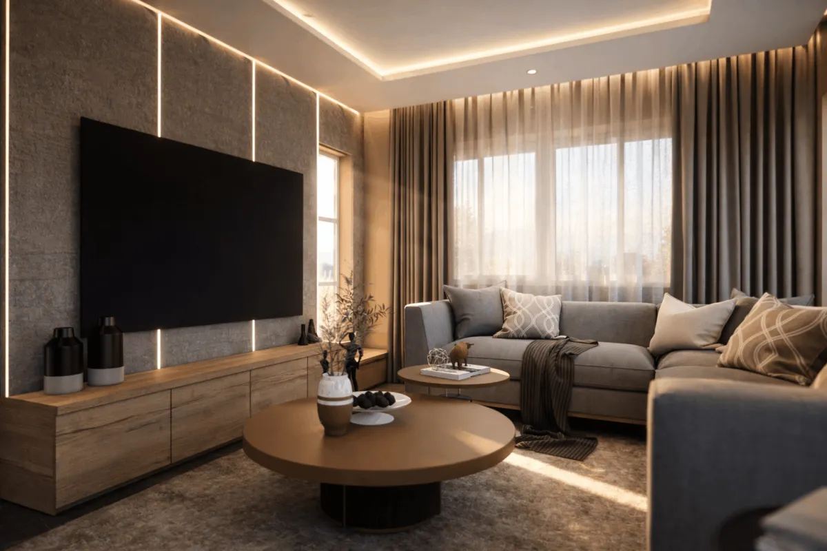 Open-plan living room with concrete feature wall and grey sofa
