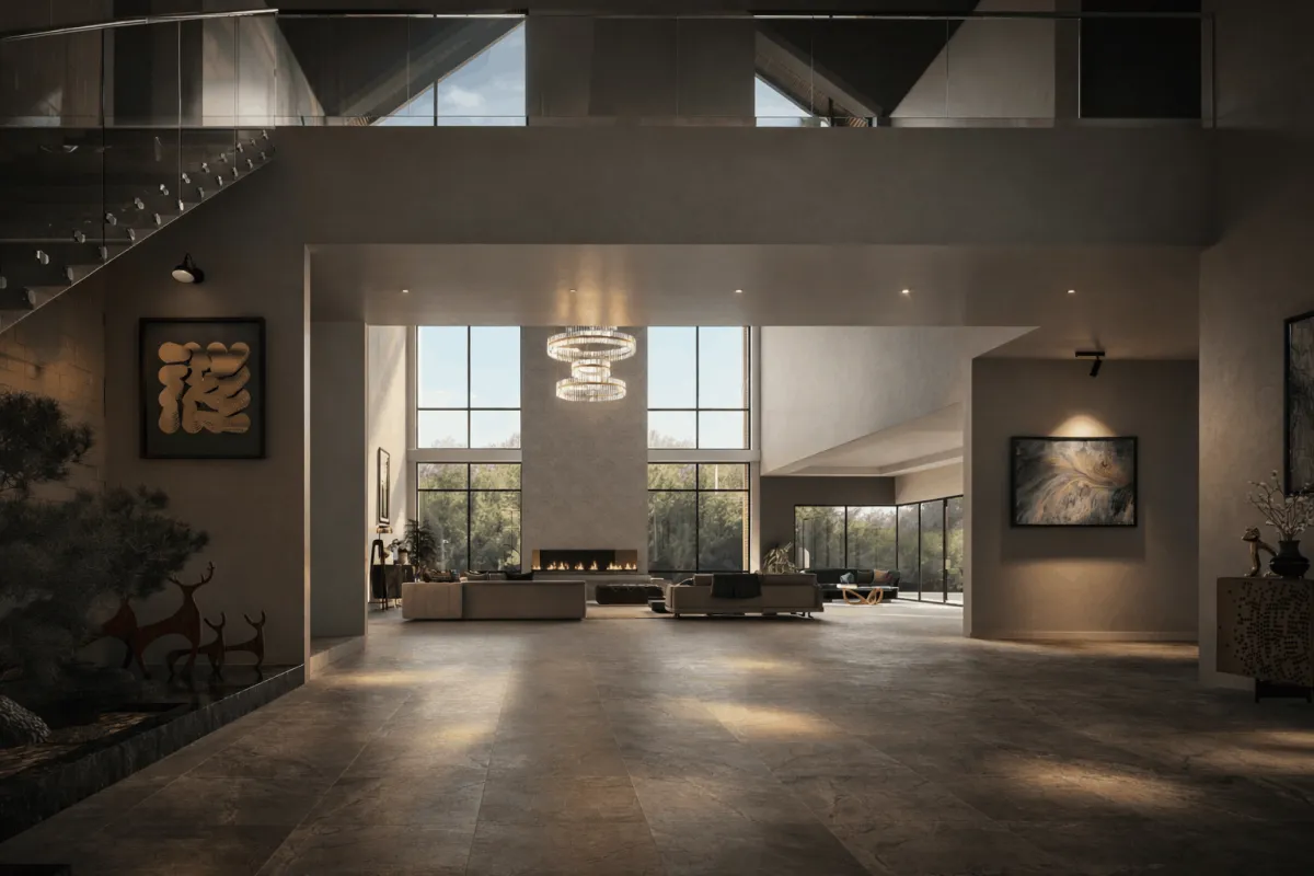 Expansive living hall with double-height ceiling