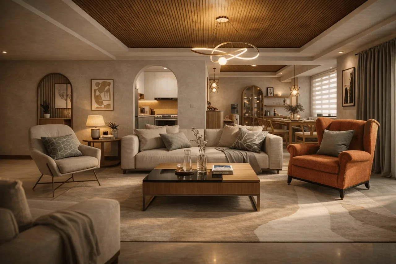 Open-plan living and dining area with arch doorways and wood ceiling
