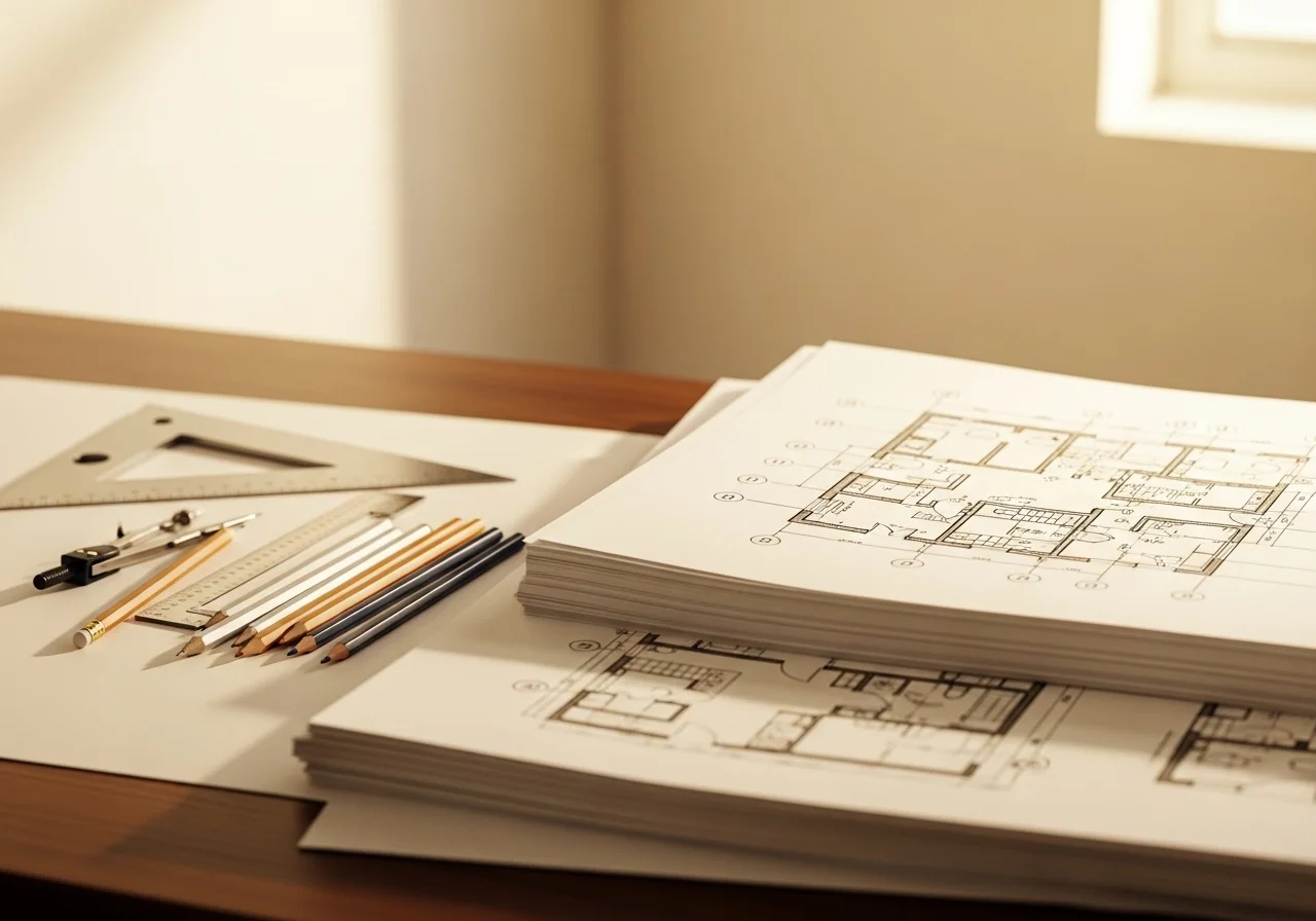 Organized architectural drawing sheets with floor plans