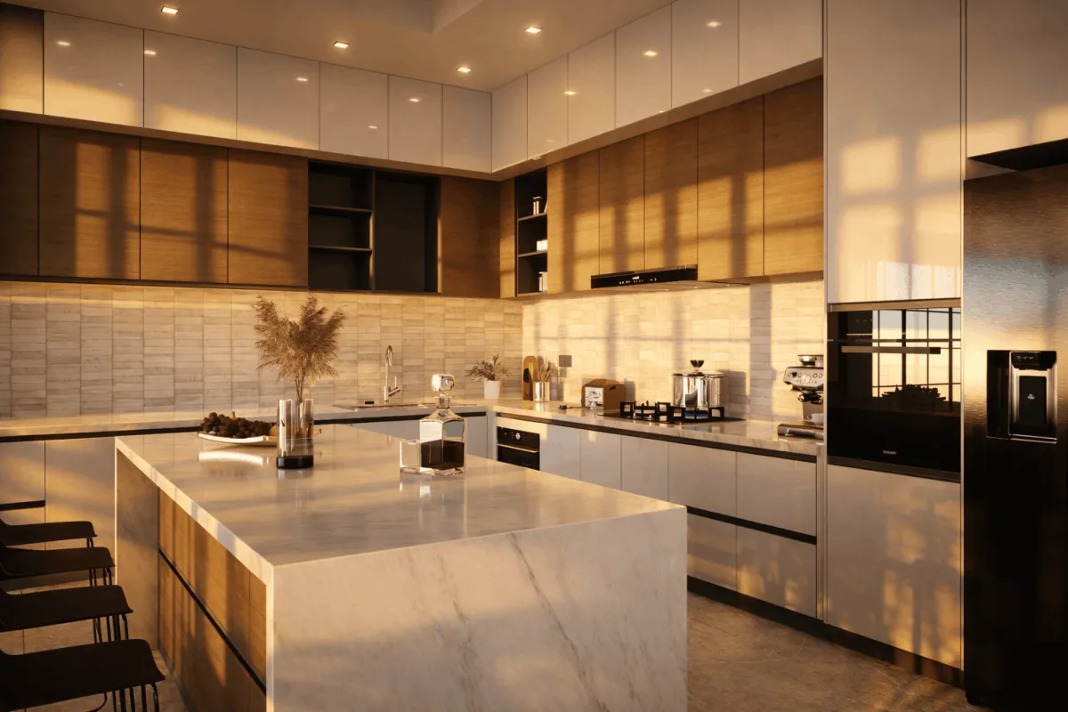 Marble island kitchen with warm wood cabinetry