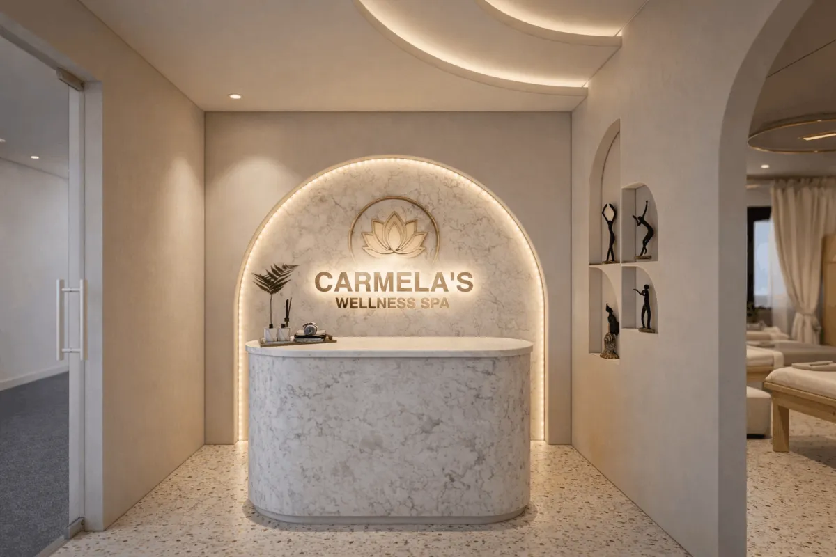 Carmela's Wellness Spa — elegant spa with arch details and gold accents