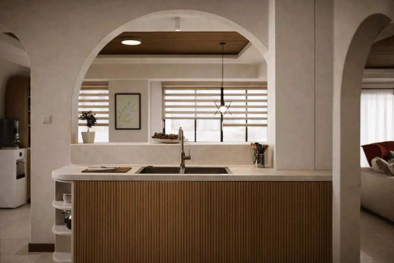 Single bedroom with built-in shelving and study desk