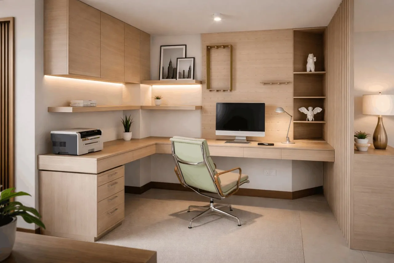 Home office with L-shaped desk and built-in storage