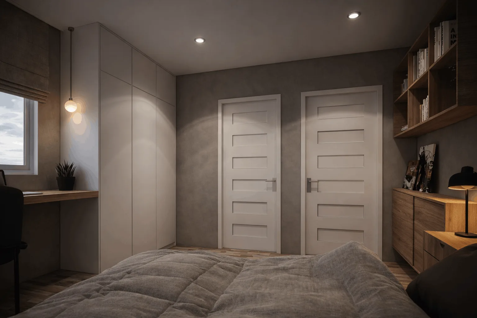 Bedroom with double doors and warm lighting