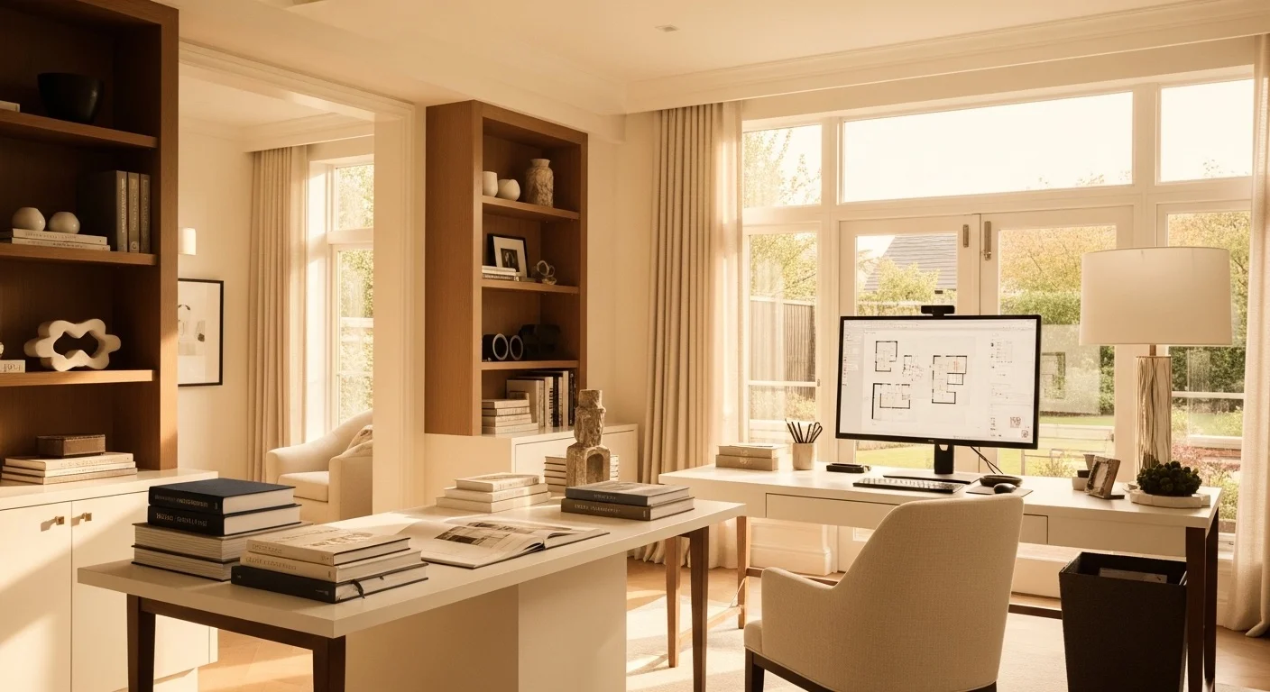 Contemporary home office with design books and floor plans