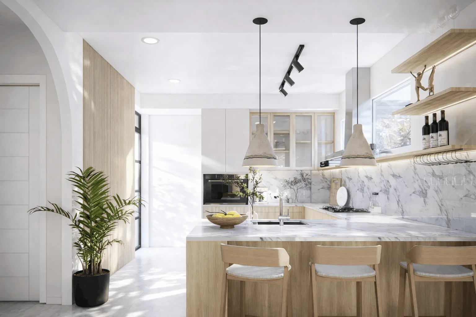 Marble island kitchen with oak cabinetry and pendant lights