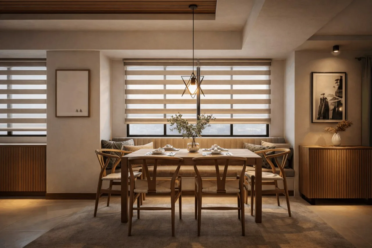 Dining table with geometric pendant light