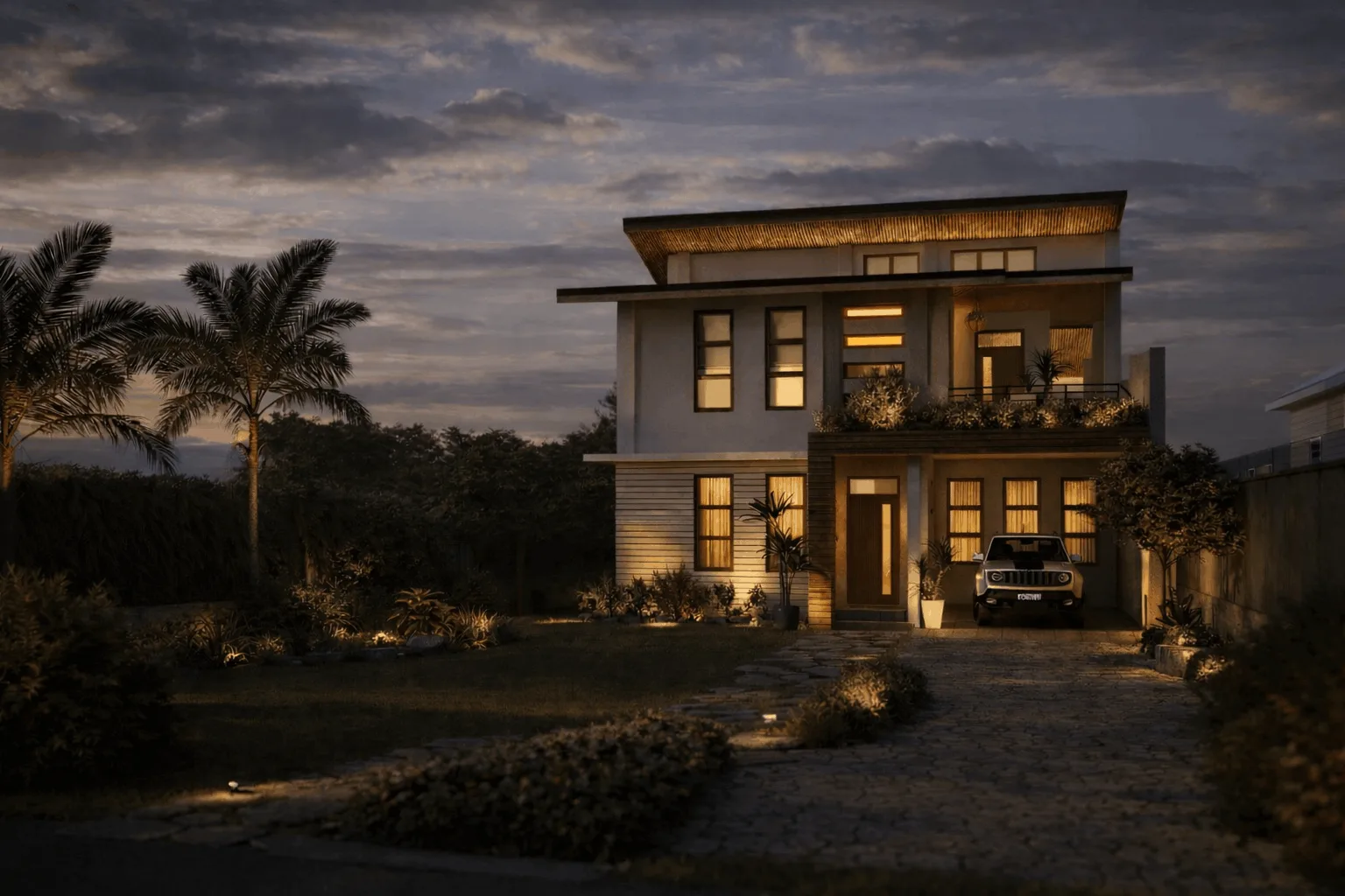 Talisay House at night with warm interior lighting and landscape illumination