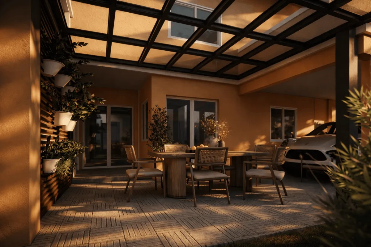 Wide view of outdoor dining and carport