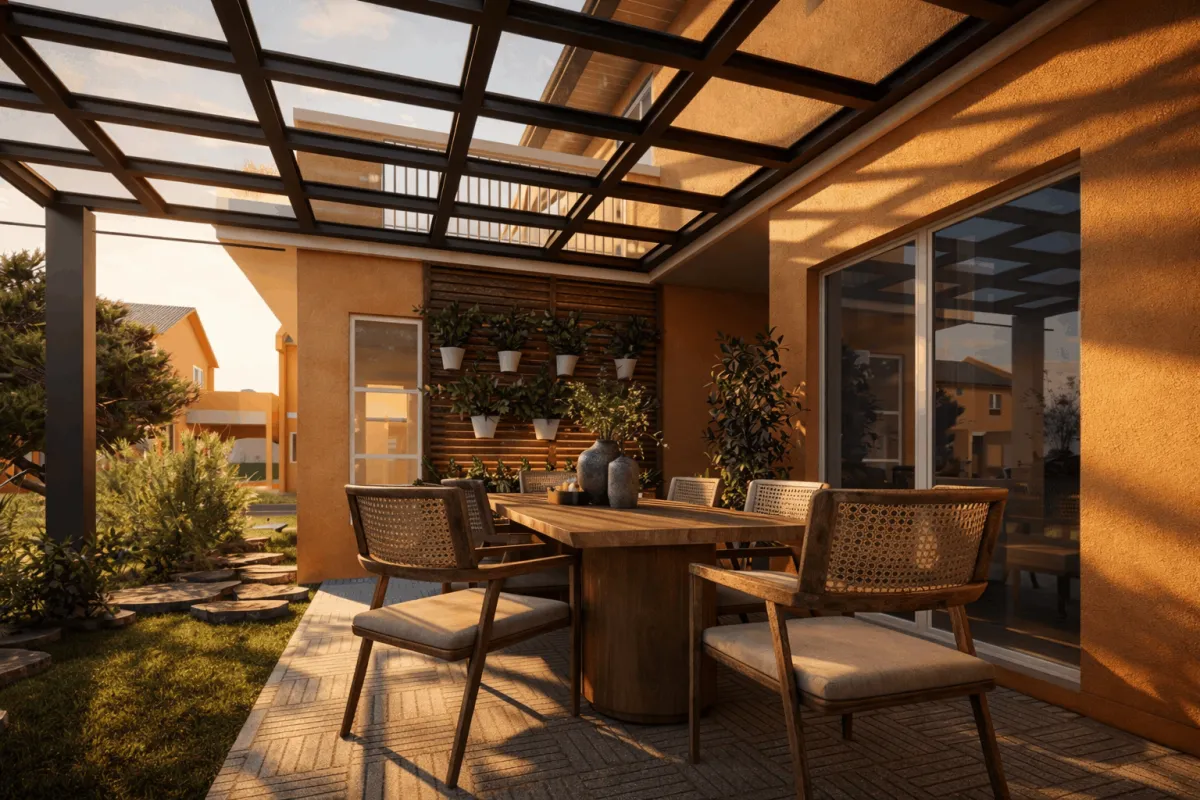 Outdoor dining area under steel-and-glass pergola with vertical garden wall