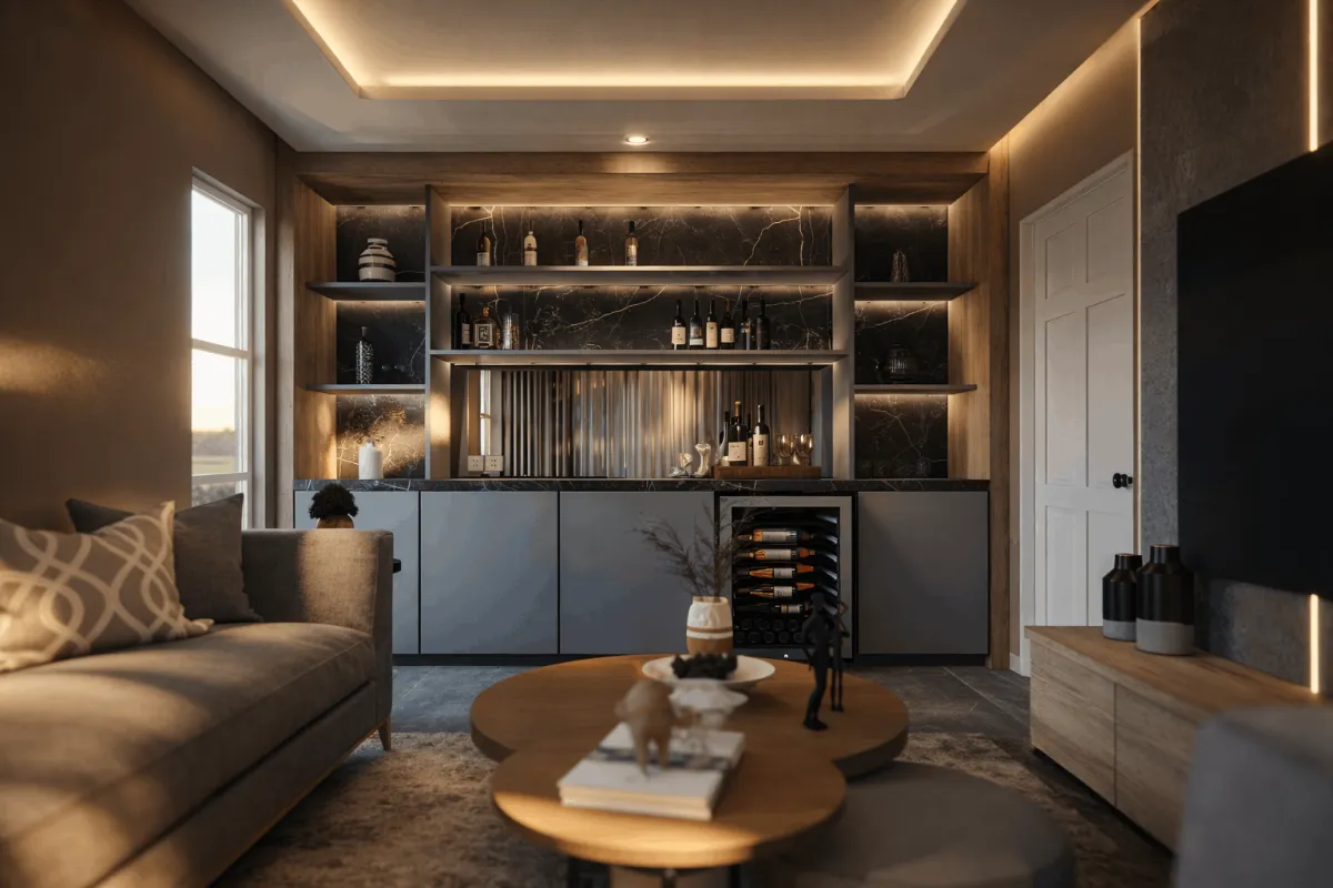 Built-in wine bar with dark marble backsplash and open shelving