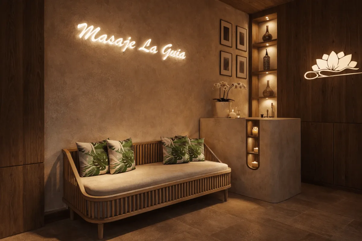Masaje La Guia — rustic massage spa with warm neon signage