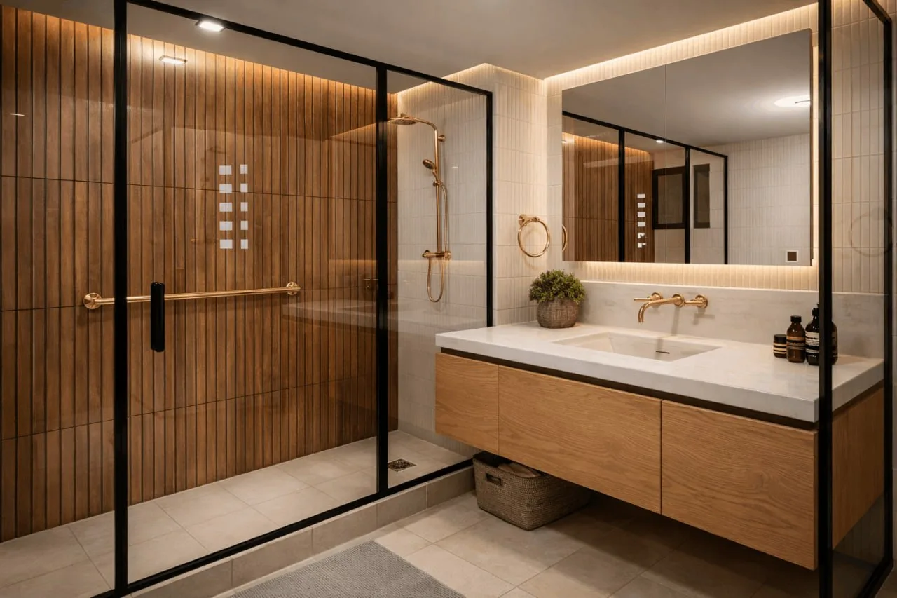Primary bathroom with wood slat shower and brass fixtures