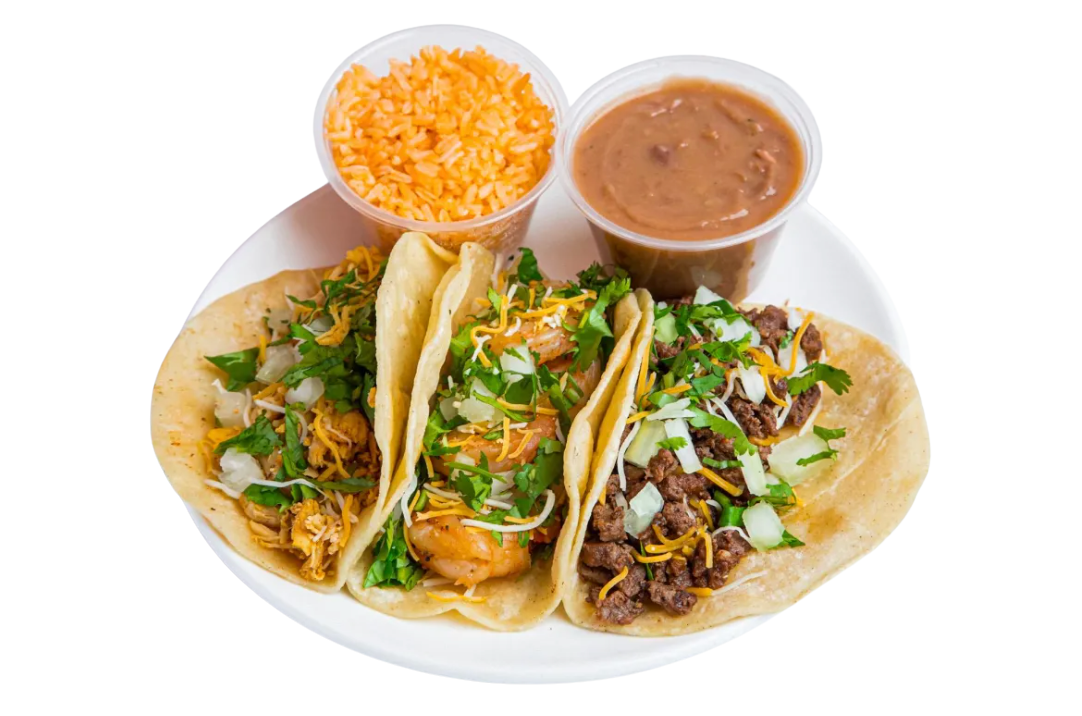 Taco Mell taco plate with fresh steak, chicken, and shrimp tacos — full-service catering