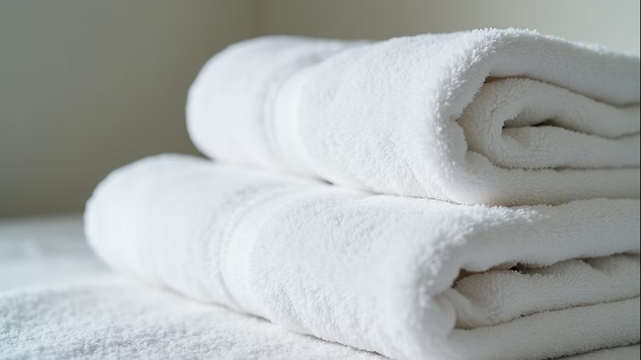 Plush white bath towels folded neatly on a shelf.
