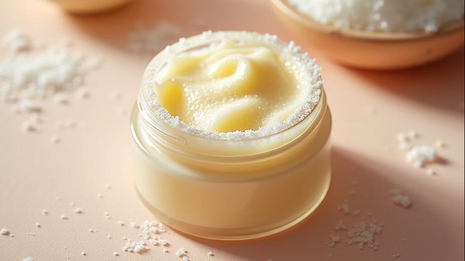 Jar of exfoliating body scrub on a marble surface.