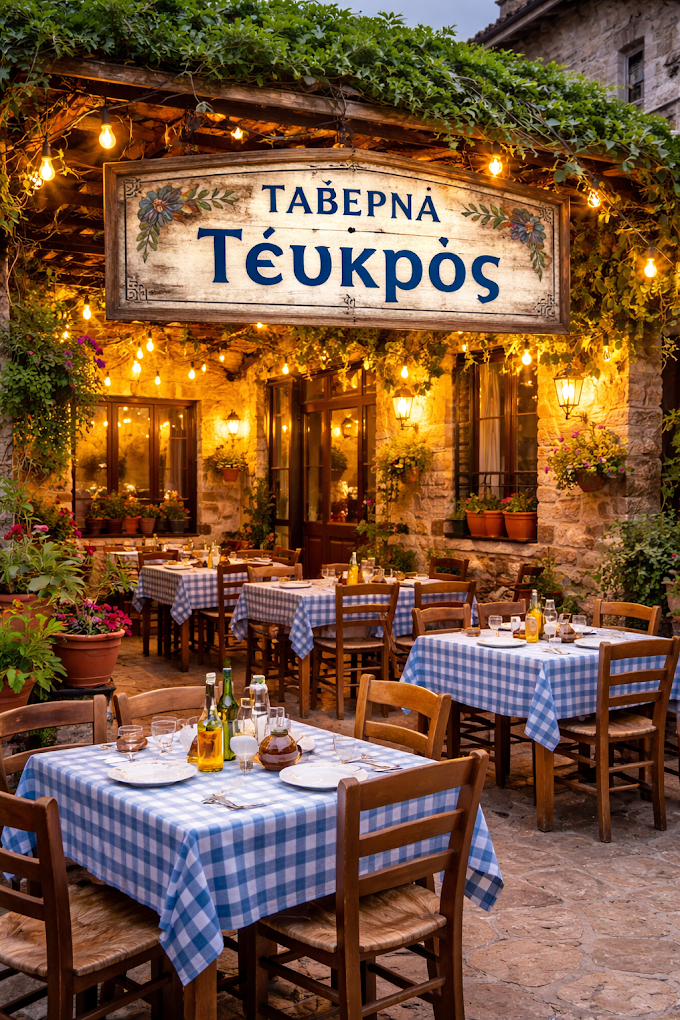 Φωτισμένα κλήματα και πινακίδα Τεύκρος πάνω από τη βραδινή αυλή