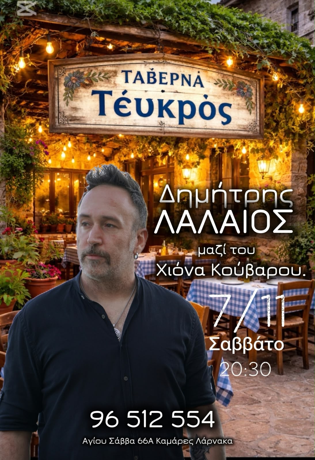 Αφίσα: Δημήτρης Λαλαίος μαζί με τη Χιόνα Κούβαρου, Σάββατο 7 Νοεμβρίου στις 20:30, Ταβέρνα Τεύκρος