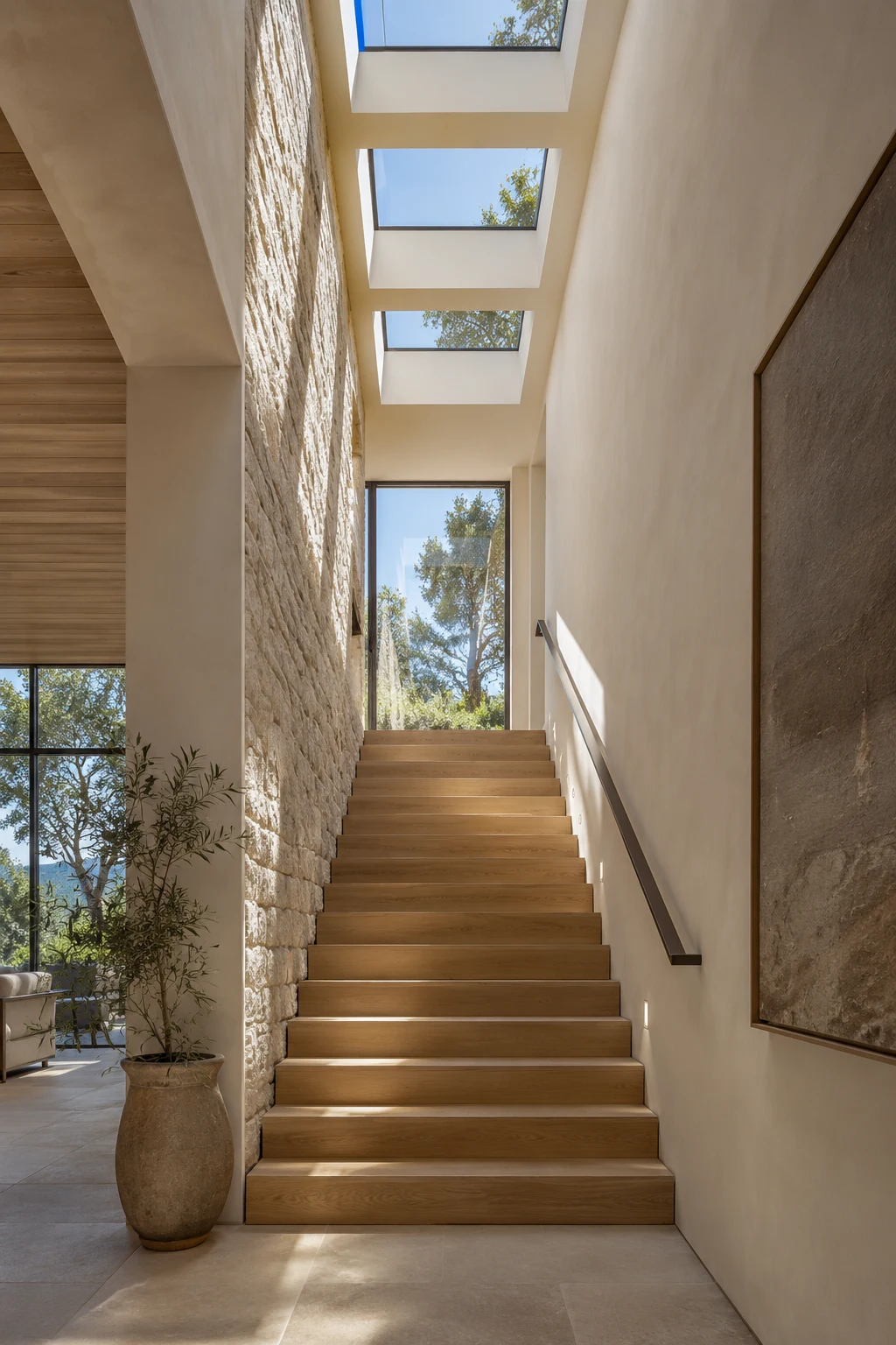 Sculptural staircase with natural materials and carefully resolved architectural details