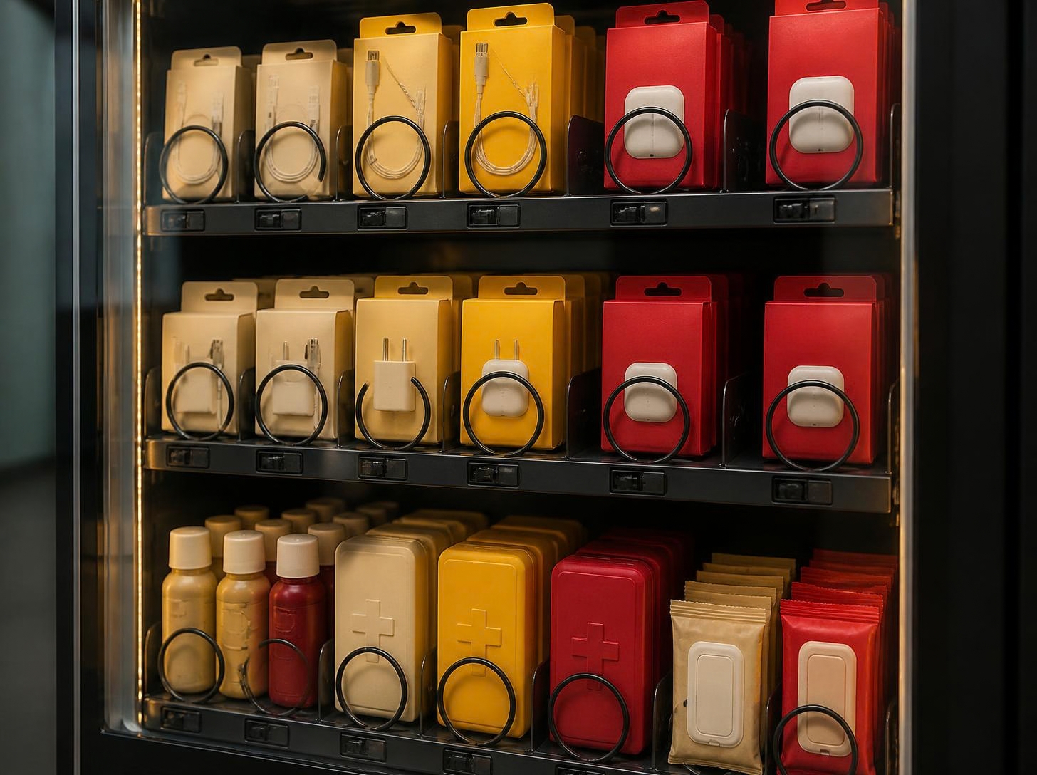 Tech accessories, travel items and essentials stocked inside a vending machine