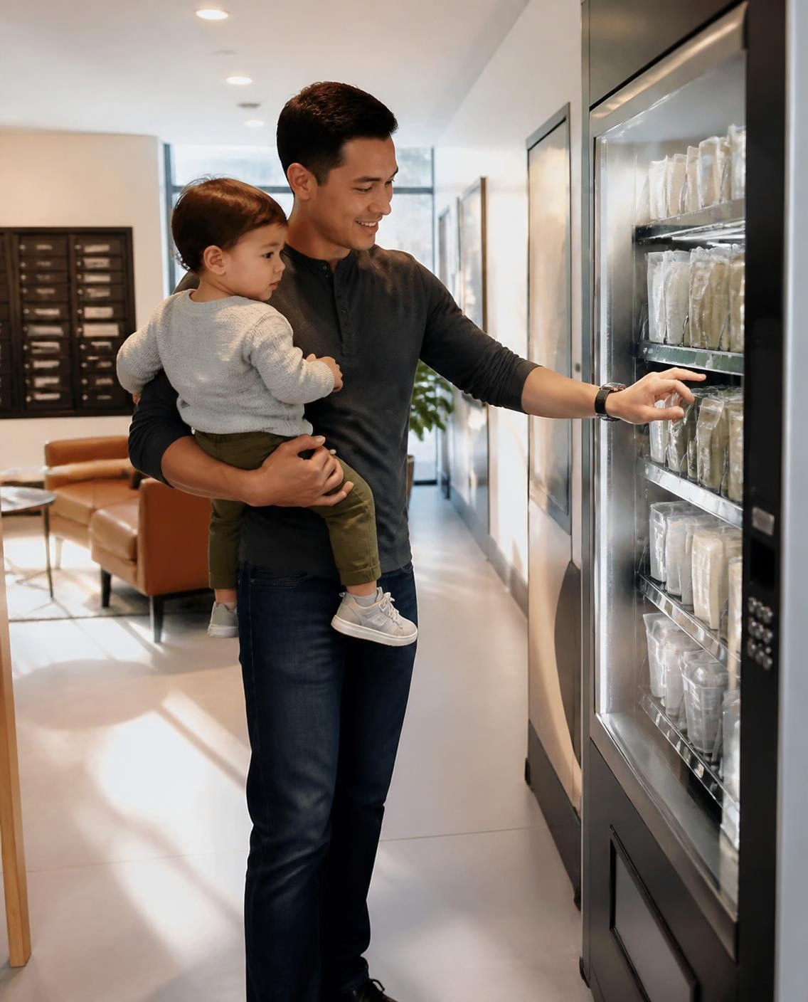 Parent with a toddler using a vending machine in an apartment community