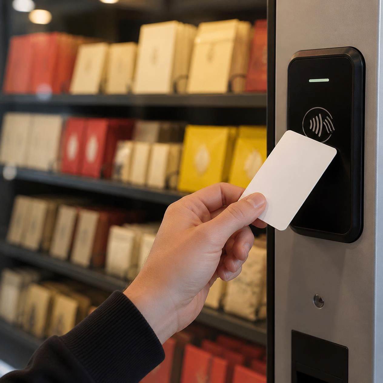 Tapping a card on a cashless vending machine reader
