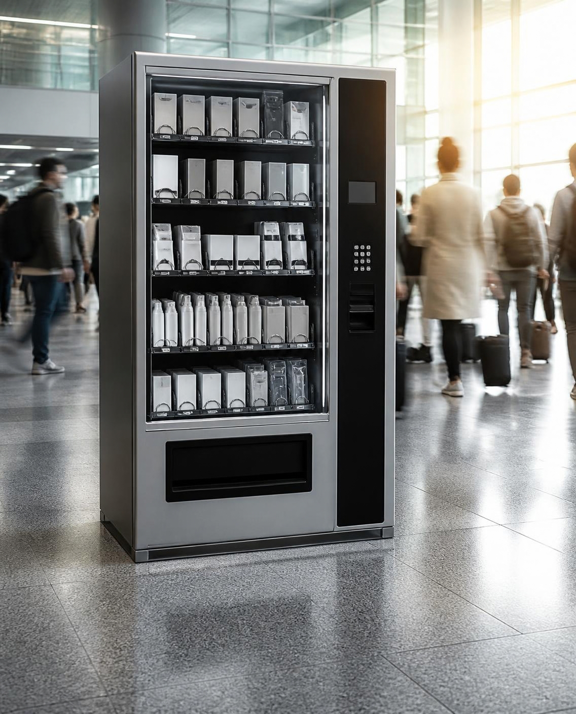 Vending machine in a busy indoor concourse with people walking by