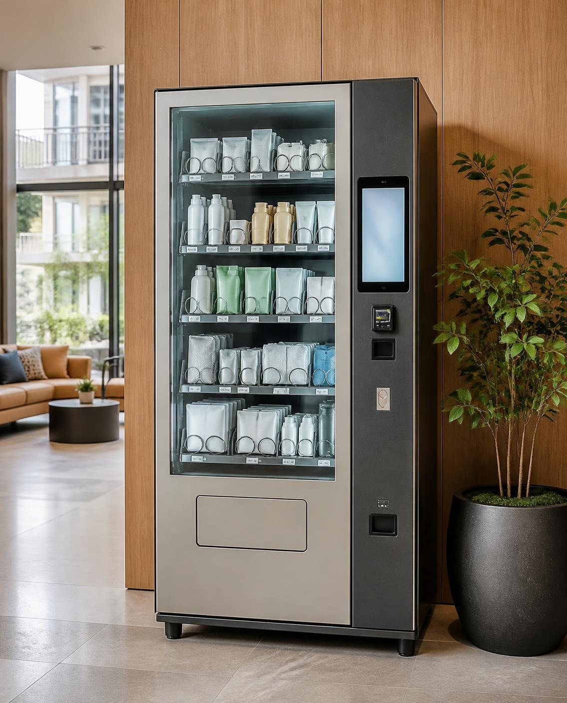 Gravity Vending style specialty vending machine in an apartment community lobby