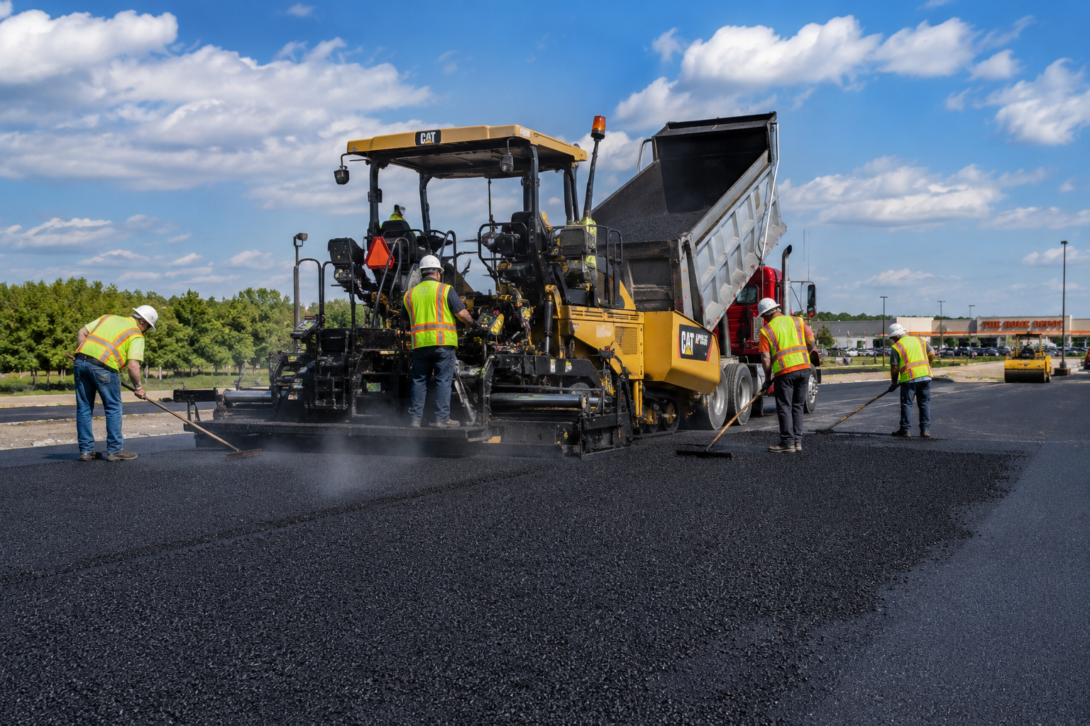 Asphalt paver laying hot mix asphalt with a crew in Saint Charles County, MO