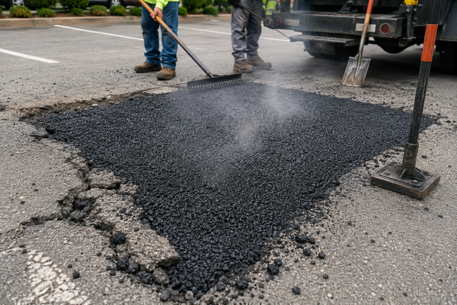 Asphalt parking lot repair with fresh hot mix in the greater St. Louis metro