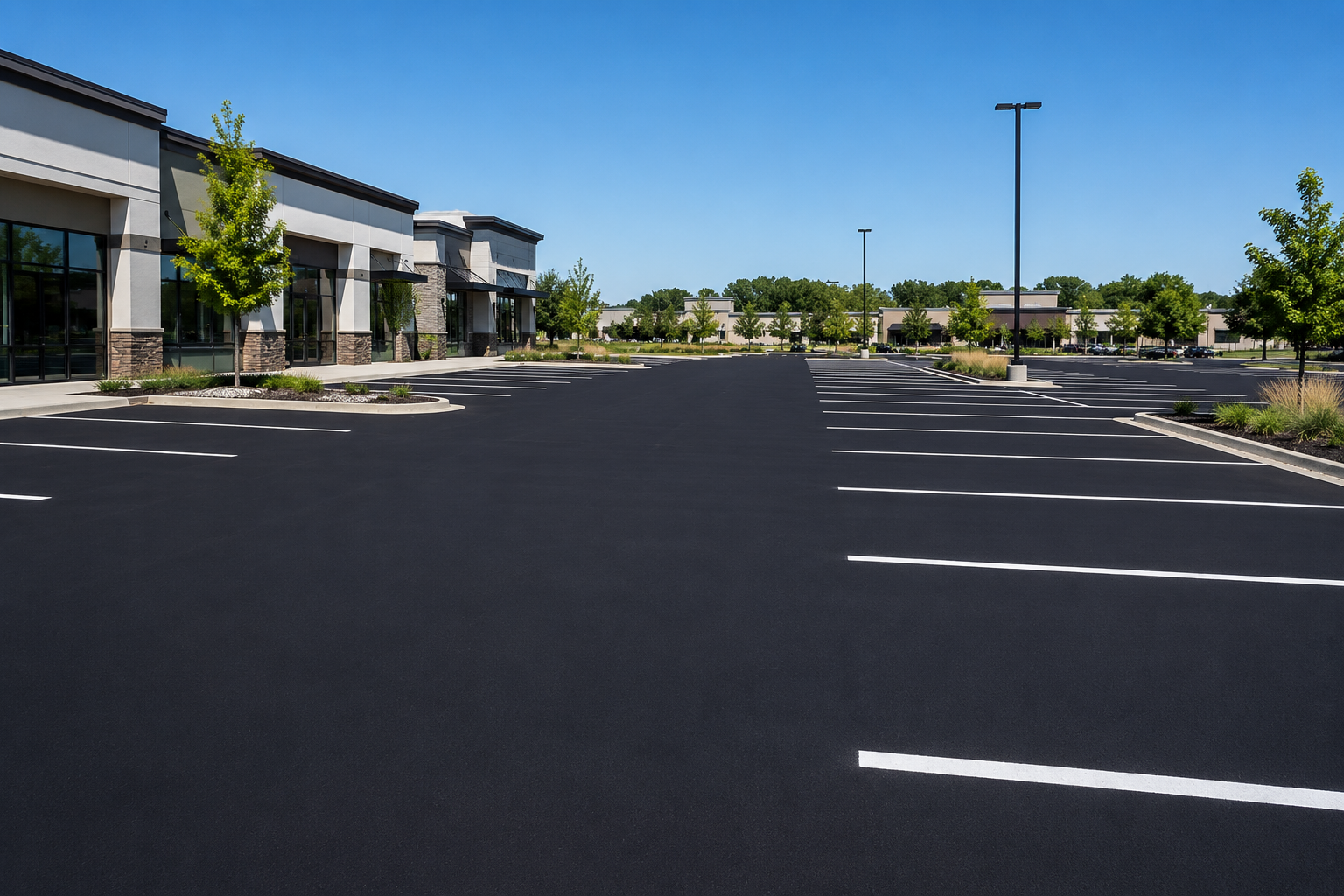 Freshly paved commercial asphalt parking lot with white striping by Legacy Paving Co. in Saint Charles, MO