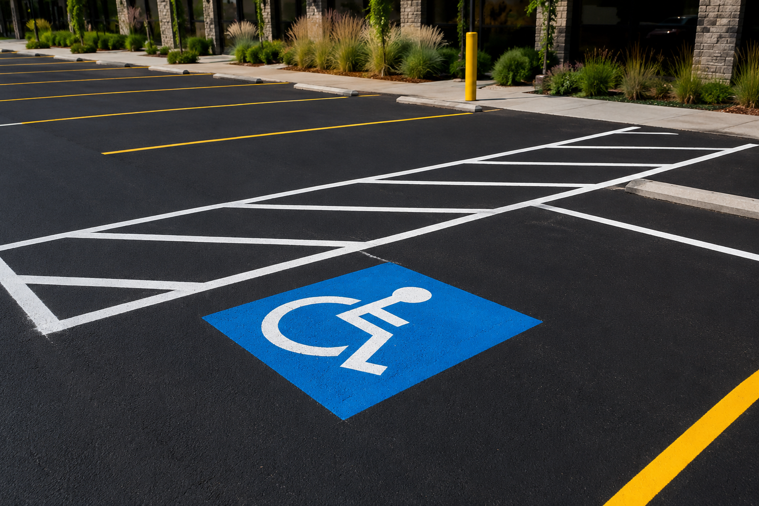 Fresh parking lot striping with ADA markings on dark asphalt in Saint Charles County, MO