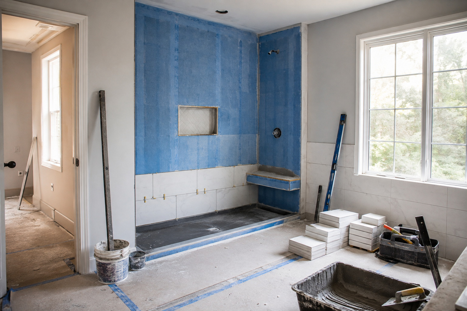 Clean in-progress bathroom tile layout