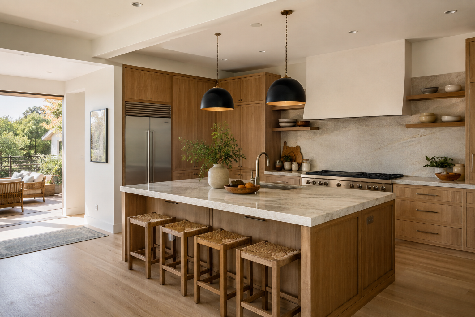 Warm modern kitchen with island and daylight