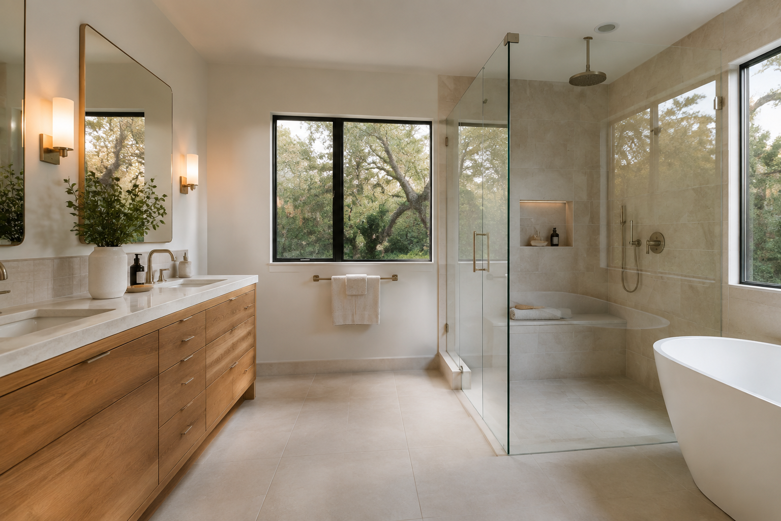 Warm bathroom with walk-in shower and wood vanity