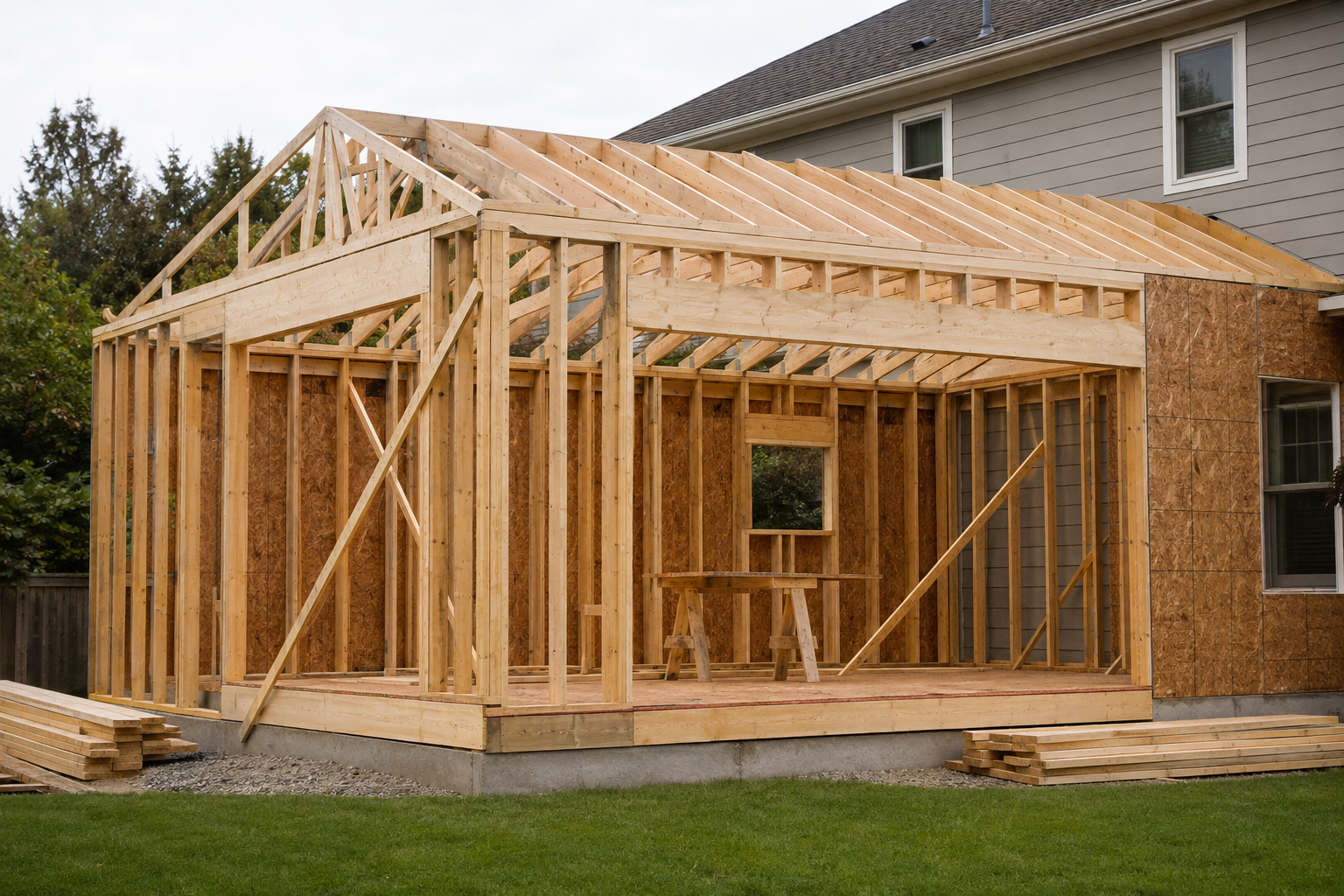Addition framing with walls, headers, and roof framing