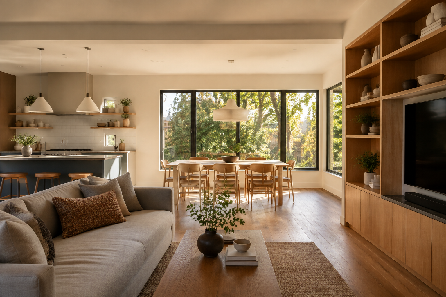 Warm open-plan living and dining space