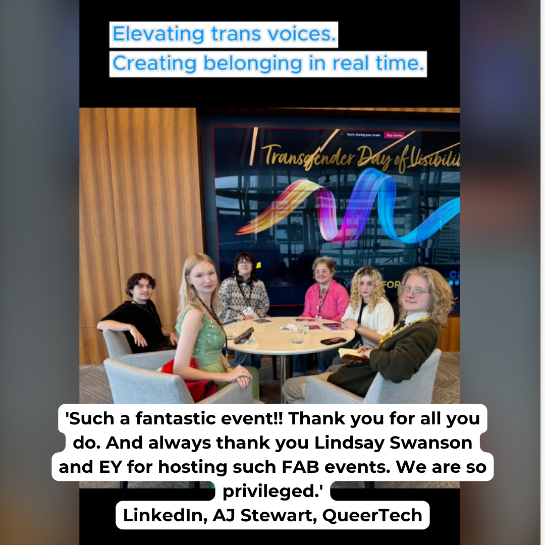Quote image with table of artists. Guests attending The Art of Visibility event at EY Tower, featuring artwork by trans and non-binary artists showcased through Simply Good Form and EY Canada partnership.