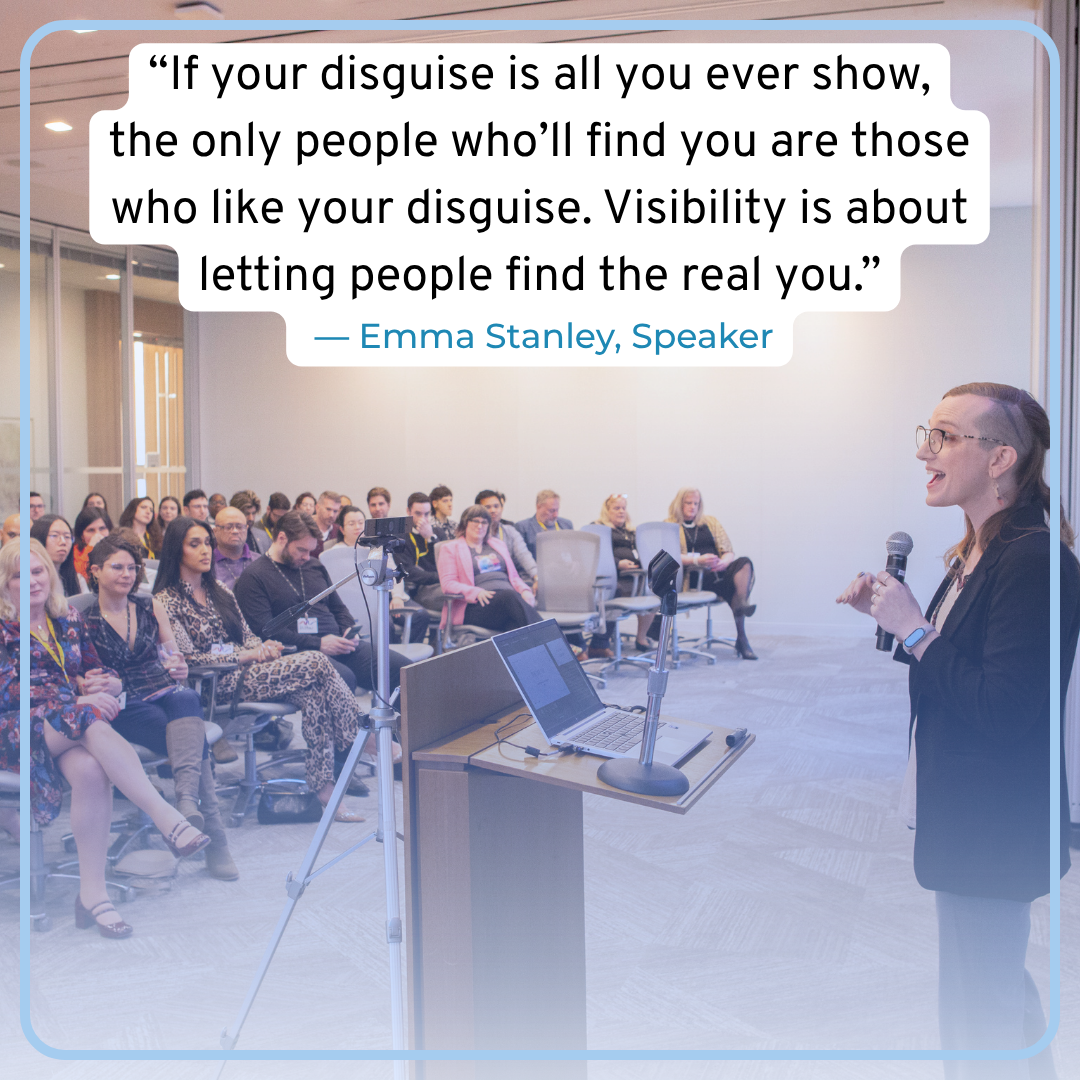 Keynote speaking passionately, holding a microphone and one hand up and open